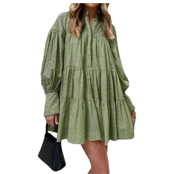 Women's Bohemian Floral Print Button Down Long Lantern Sleeve Shift Tunic Dress - Picture 2 of 15